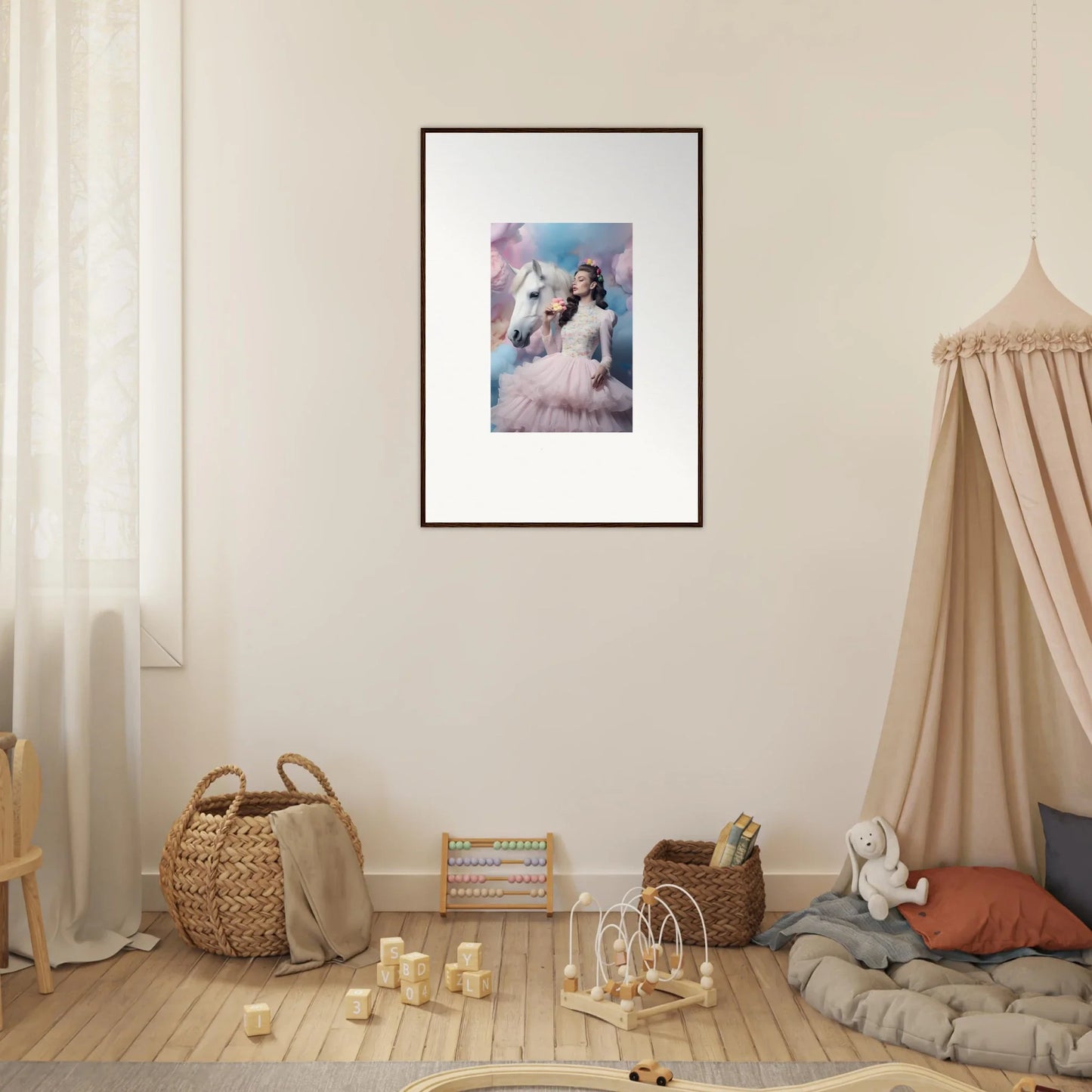 Framed artwork depicting a dreamy, ethereal scene with figures in pastel colors.