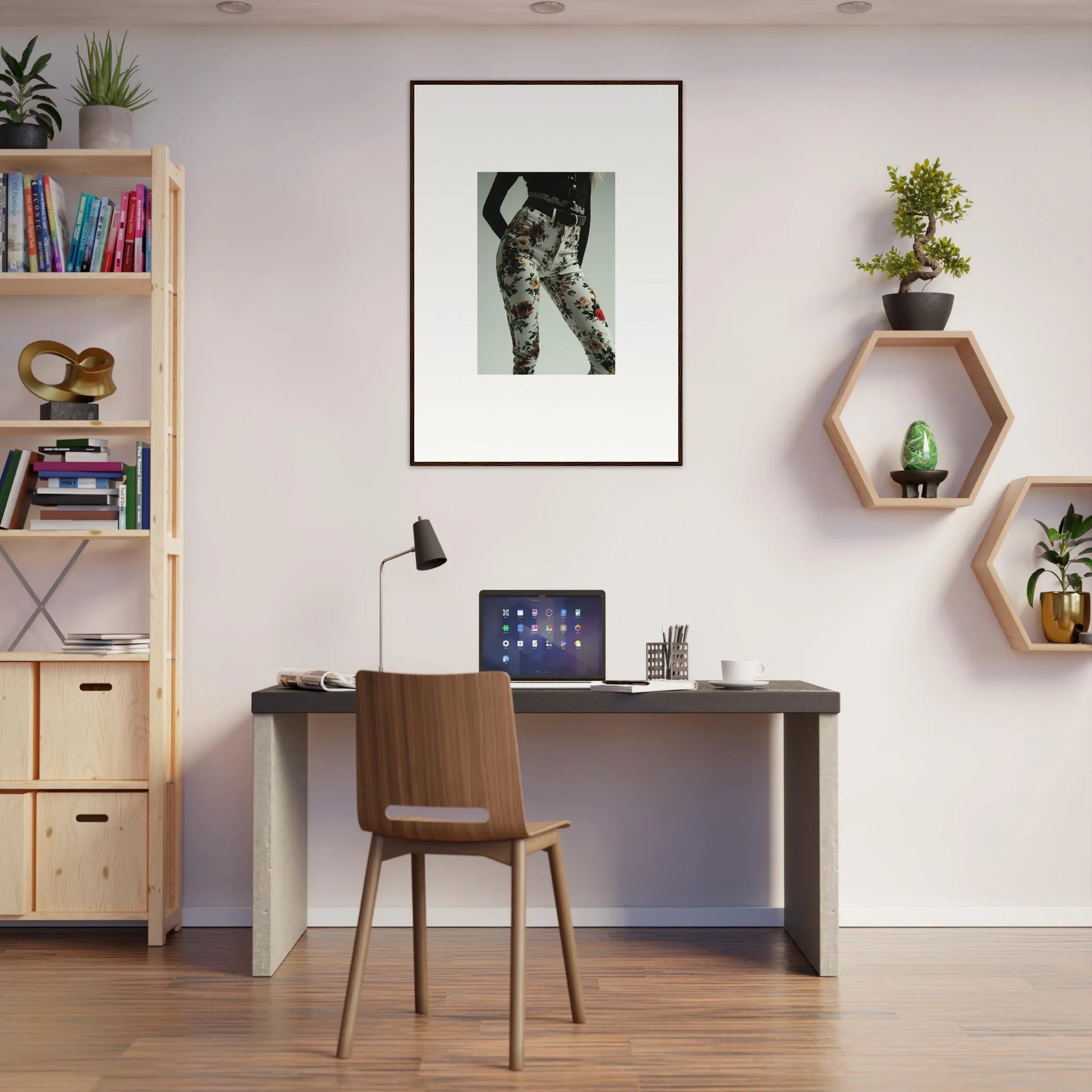 Home office workspace with a desk, chair, and decorative wall elements.