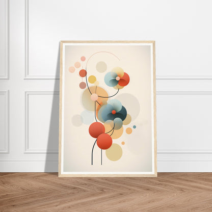 Abstract art print featuring colorful geometric shapes and curved lines in a minimalist style.