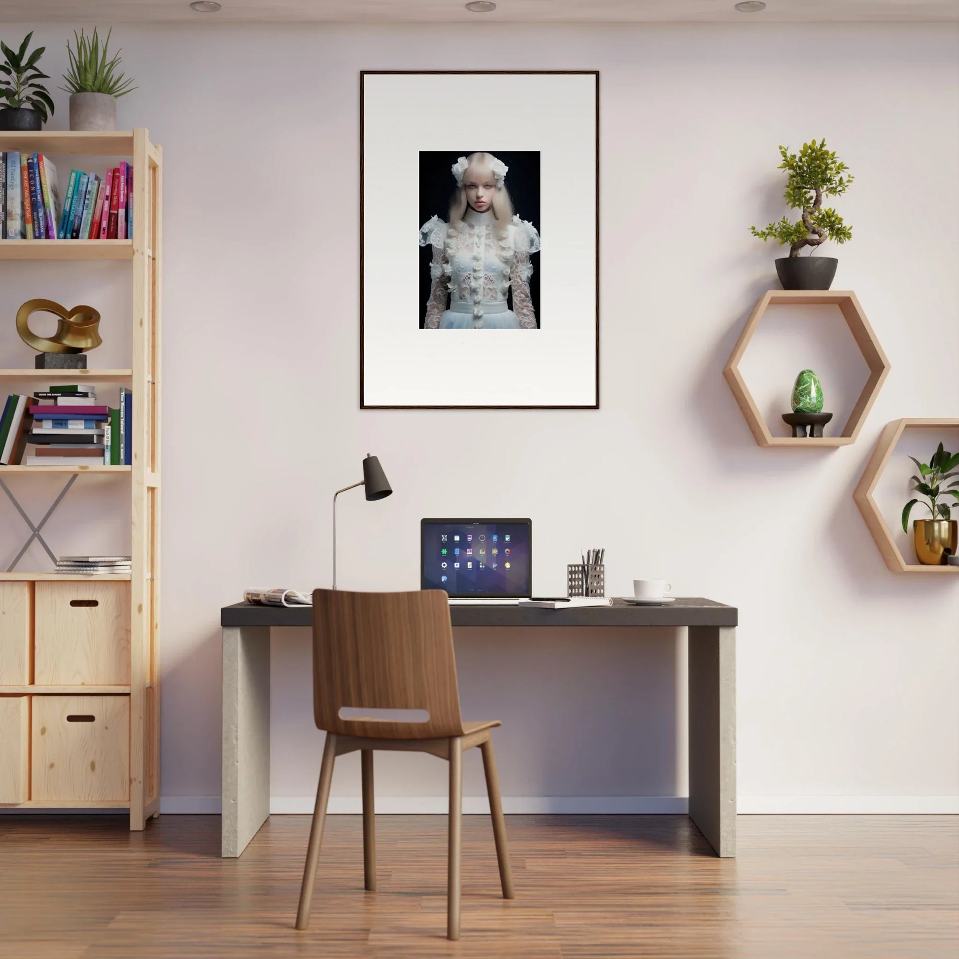 Home office workspace with a desk, chair, and decorative wall elements.