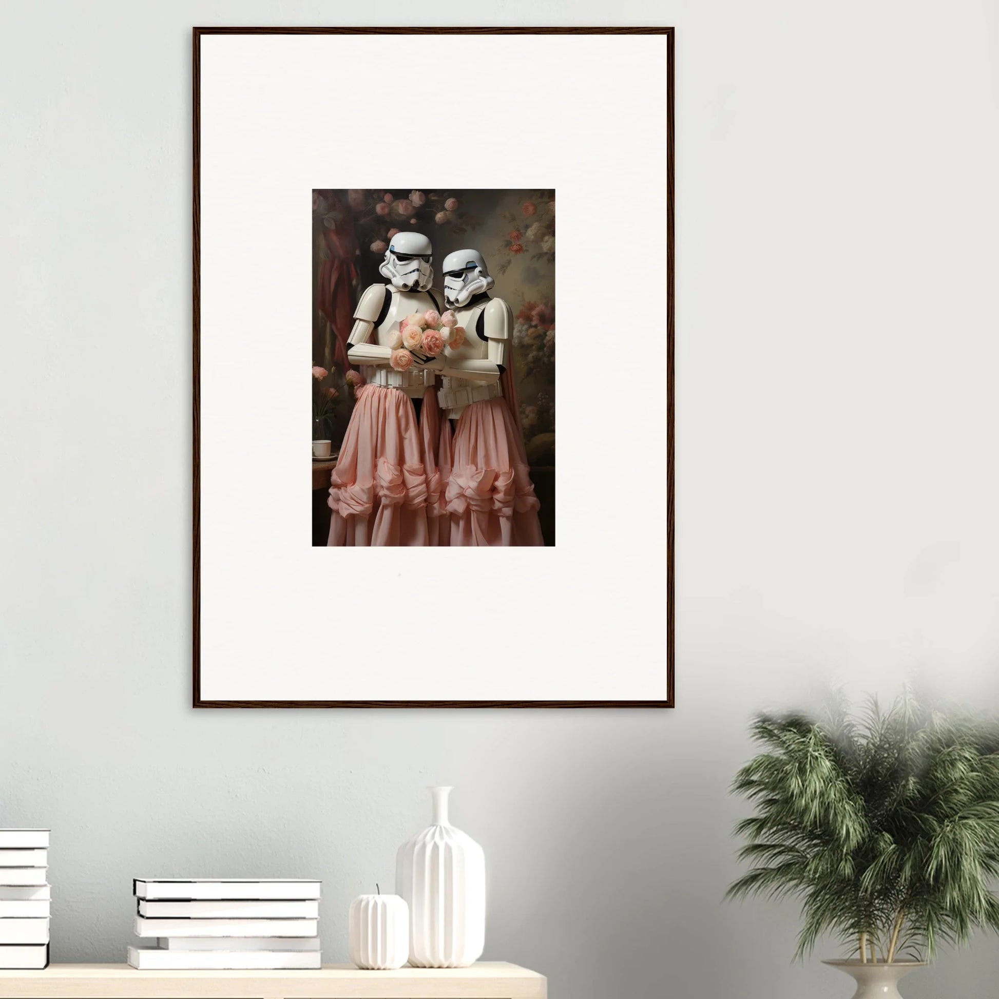 Framed artwork depicting two Stormtroopers wearing pink tutus.