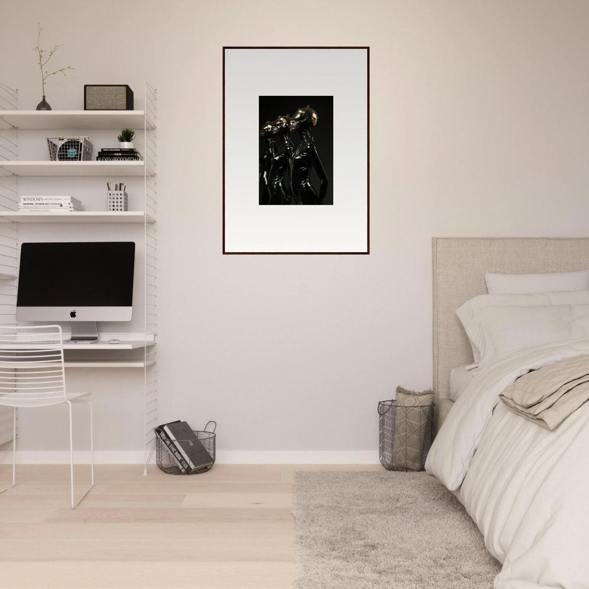 Minimalist bedroom interior with white walls, floating shelves, and a framed black and white artwork.