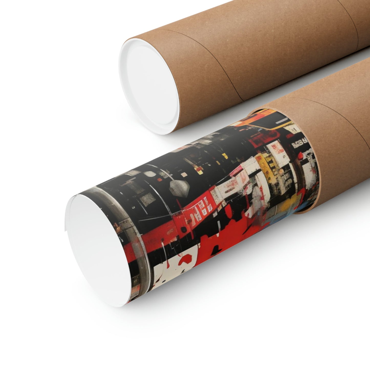 Cardboard mailing tubes, one plain and one with a colorful printed design.