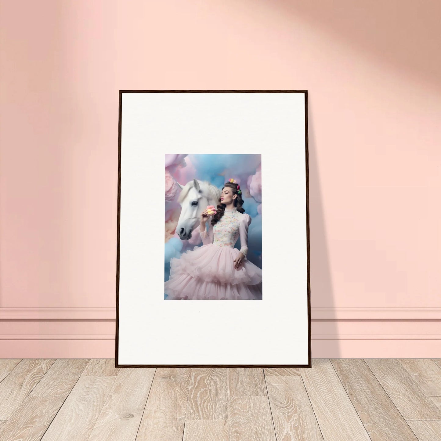 Framed artwork depicting a person in a white dress with a white horse against a dreamy background.