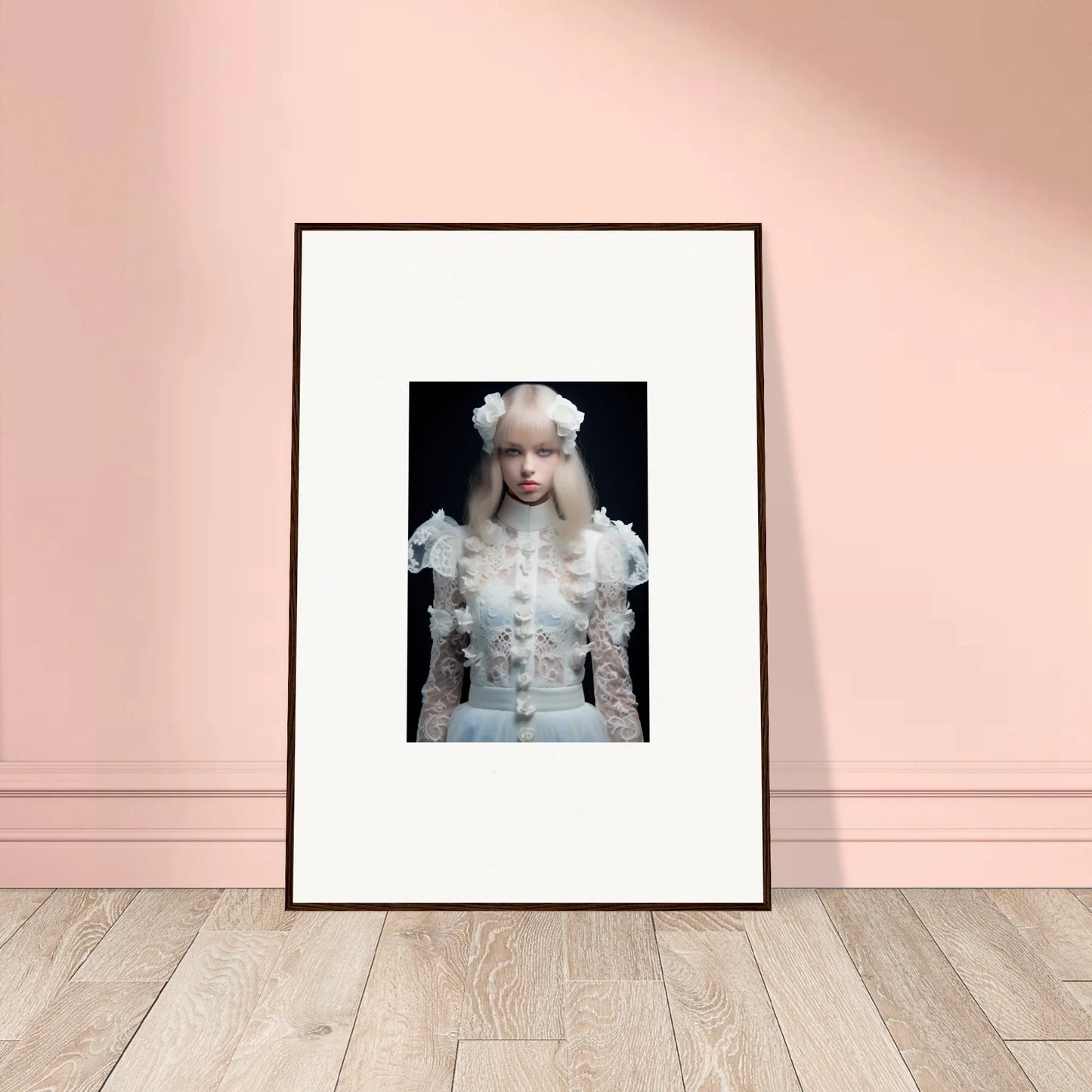 Framed portrait photograph of a person with pale skin and white hair wearing an ornate white outfit.