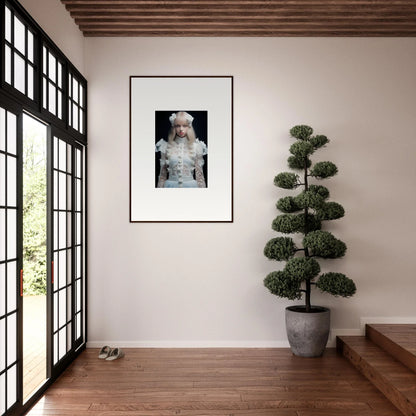 Framed portrait photograph of a person wearing an elaborate white outfit with a high collar.