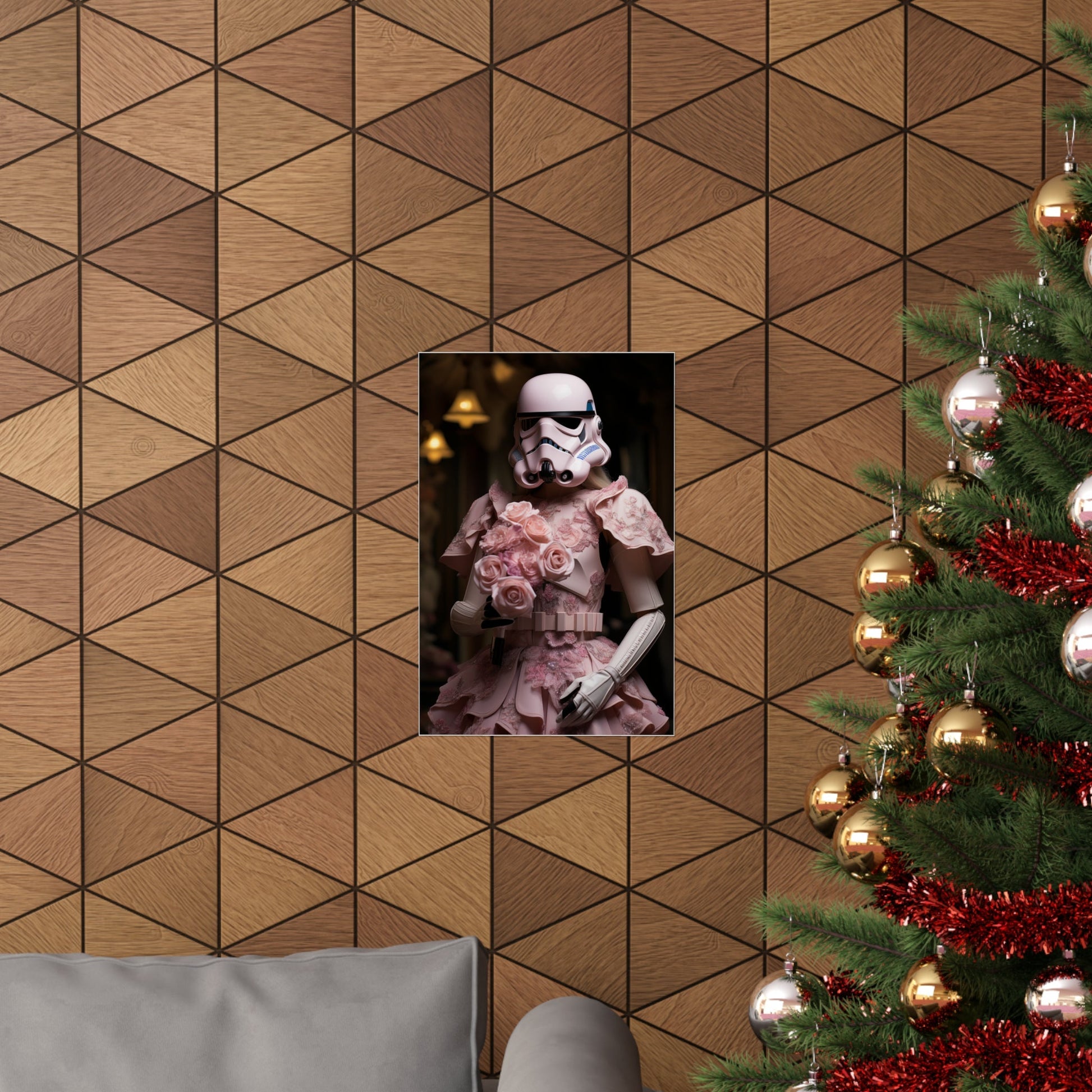 Stormtrooper portrait with pink floral elements hanging on a geometric patterned wall.