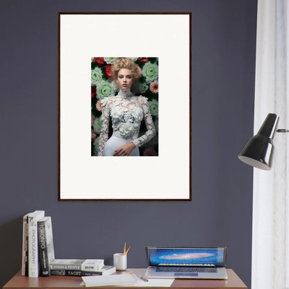 Framed portrait of a woman in an ornate white dress against a floral background.