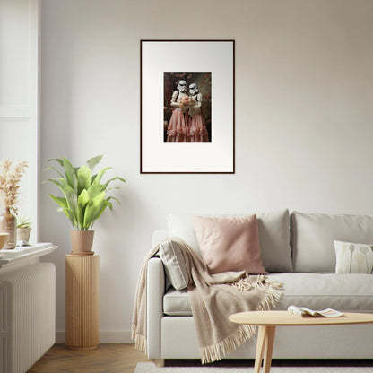 Framed vintage-style portrait photograph hanging on a wall.