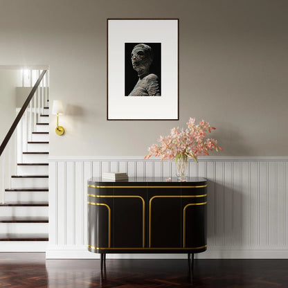 Elegant black and gold sideboard with curved edges and sleek design.