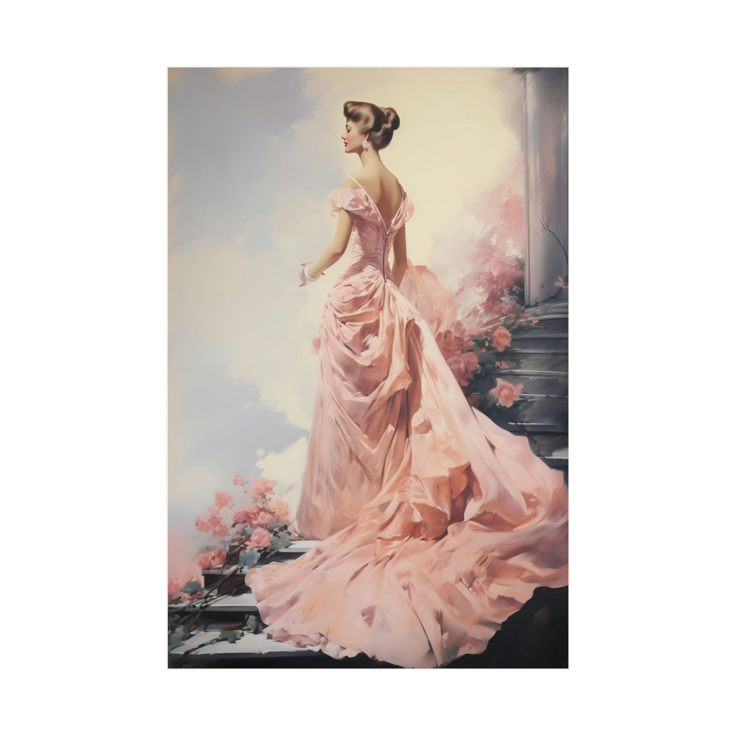 Woman wearing an elegant, flowing pink gown with a long train.