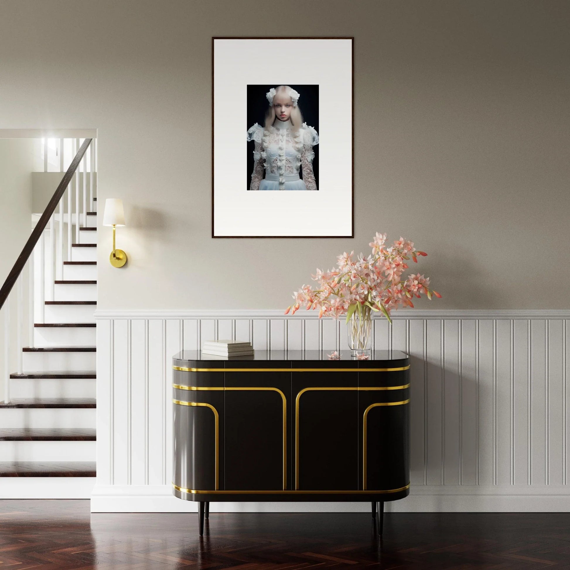 Elegant entryway featuring a black and gold console table with a framed artwork above and floral arrangement.