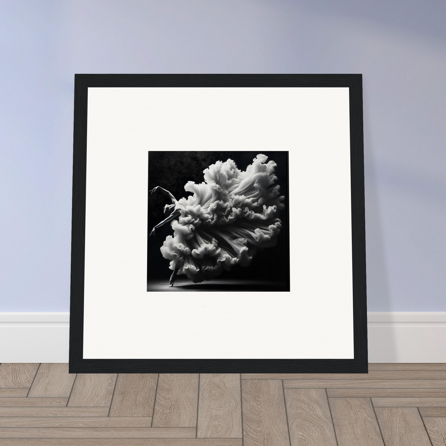 Framed black and white photograph of a billowing cloud or smoke formation.