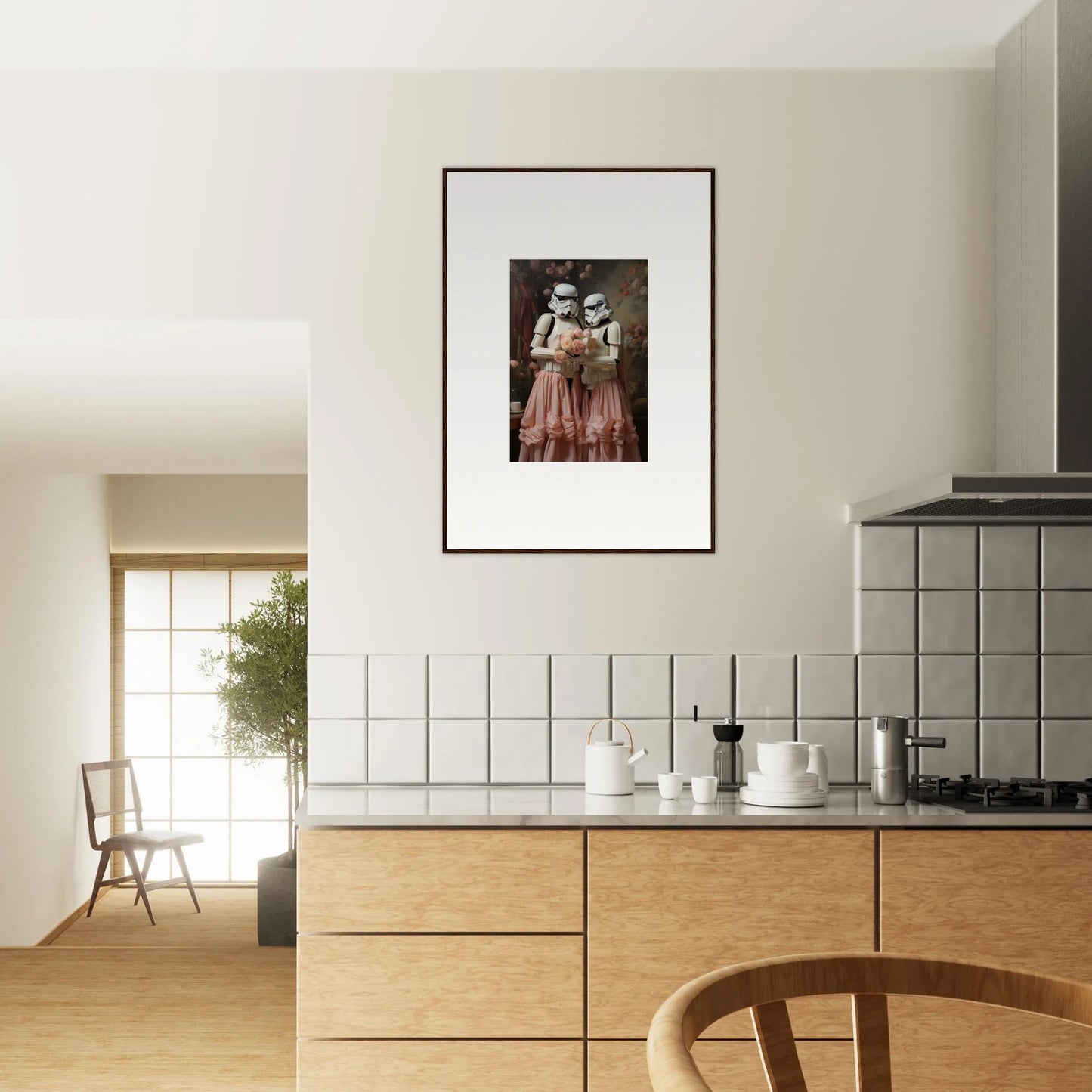 Framed photograph of two figures in vintage clothing hanging on a kitchen wall.