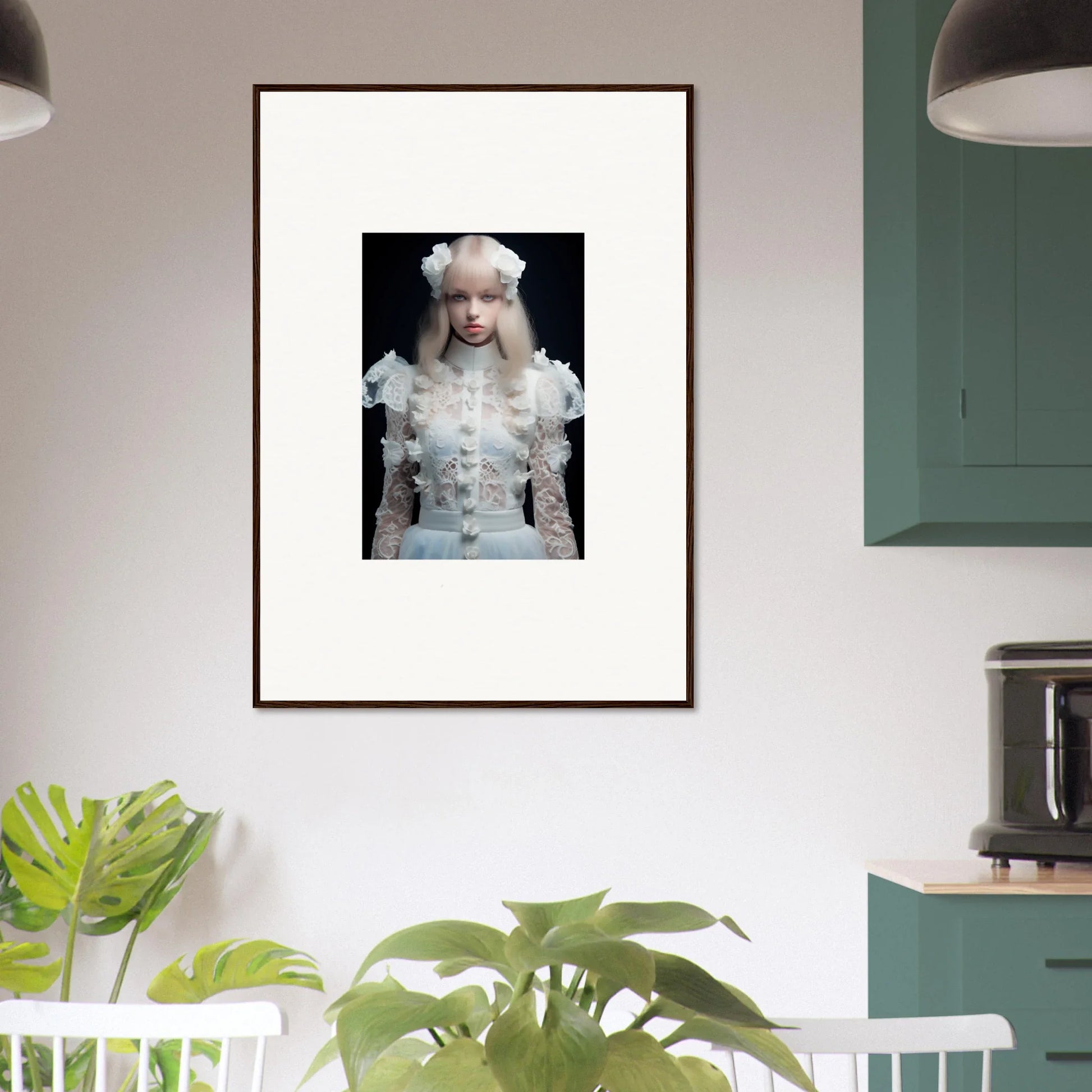 Framed portrait of a person with pale skin and white hair wearing an ornate white outfit against a dark background.