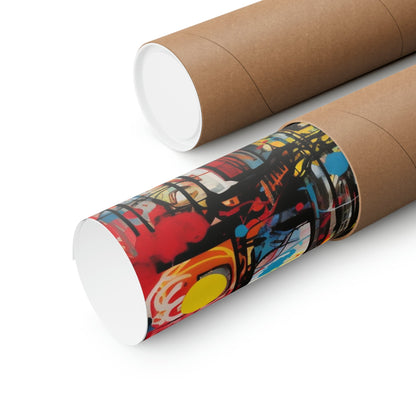 Cardboard mailing tubes, one plain and one with colorful abstract artwork printed on it.