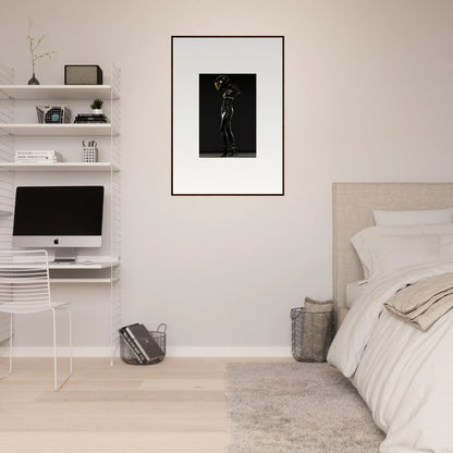 Minimalist bedroom with white walls, floating shelves, and a framed black and white artwork.