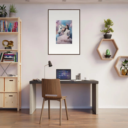 Home office workspace with a desk, chair, and decorative wall elements.