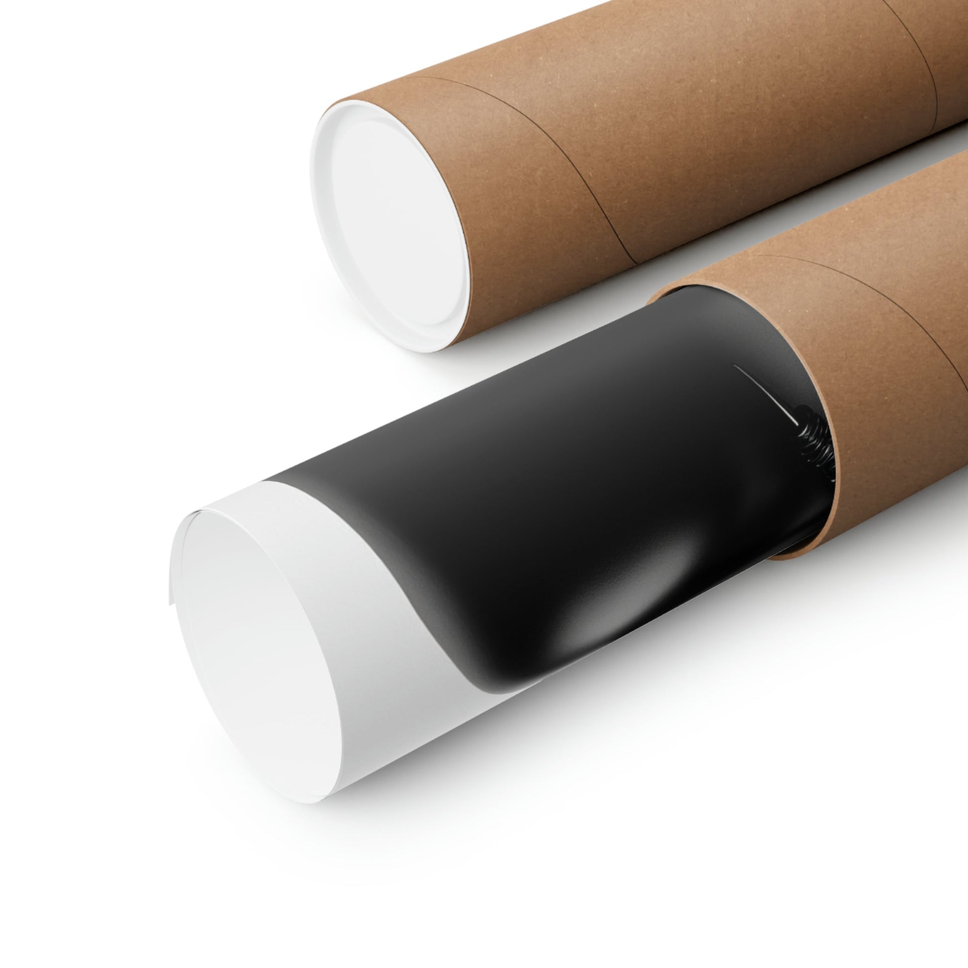 Cylindrical tubes with brown paper exteriors and white ends, one partially covered in black material.