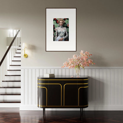 Elegant black and gold sideboard with curved edges beneath a framed artwork.