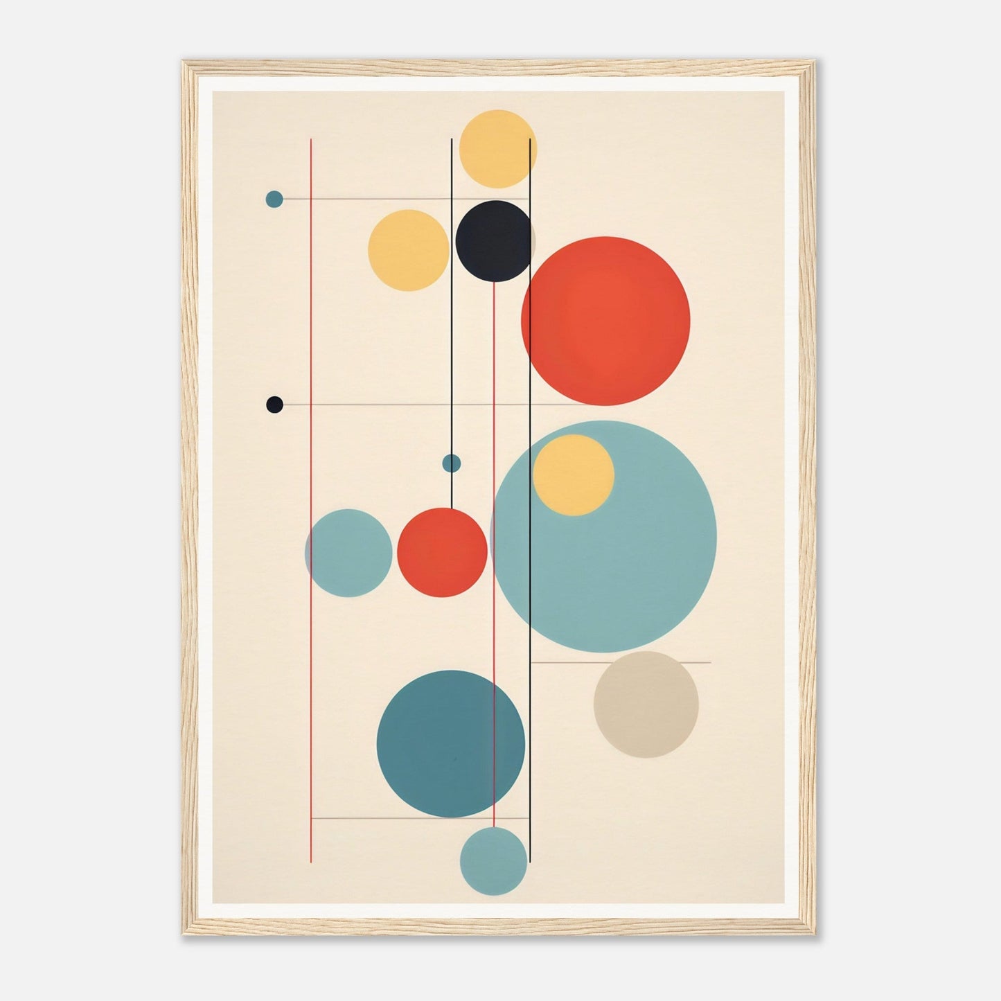 Abstract geometric composition featuring colorful circles and thin lines.