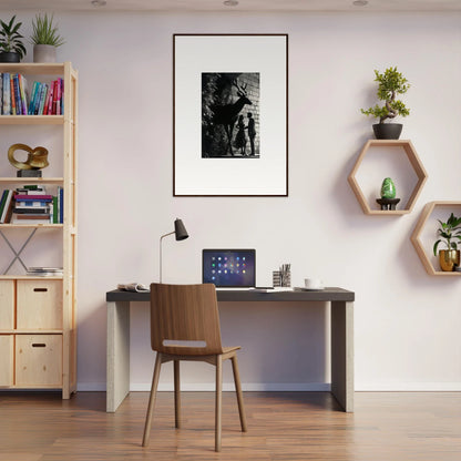 Modern home office workspace with a desk, chair, and decorative wall shelves.