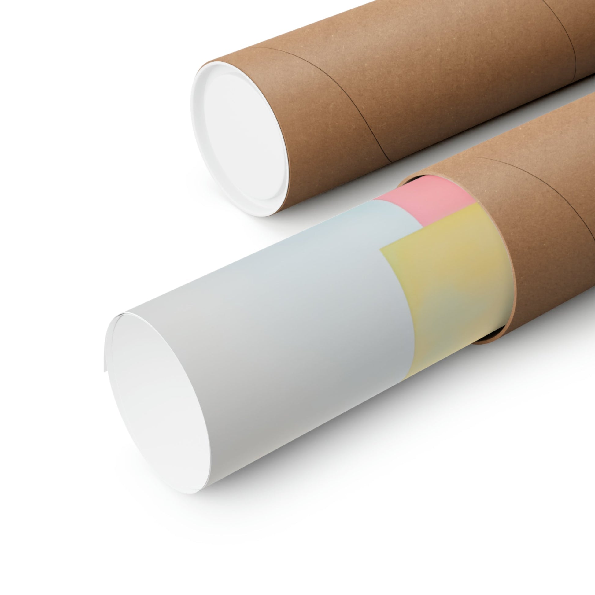 Cardboard mailing tubes, one plain and one with colorful labels.