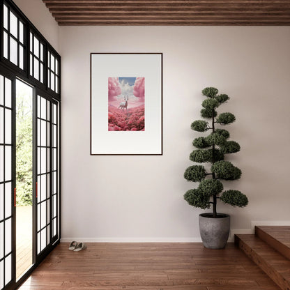 Framed canvas print of a deer in a pink landscape for berry collision room decoration