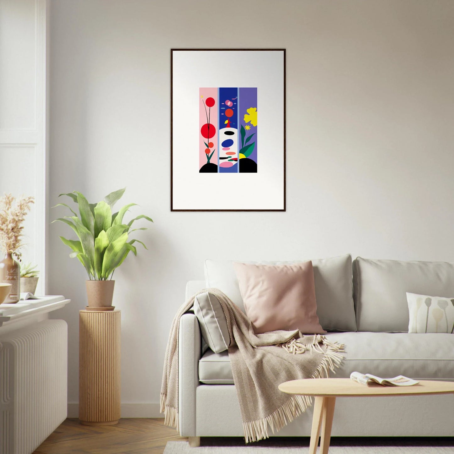 Framed abstract canvas print of Huescape Bloom with colorful shapes and floral design