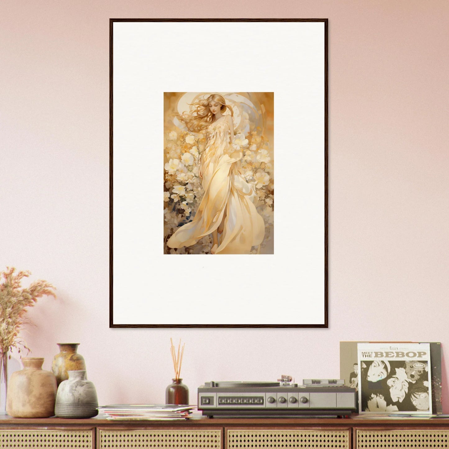 Ethereal female figure in golden hues for floral harmony room decoration canvas print