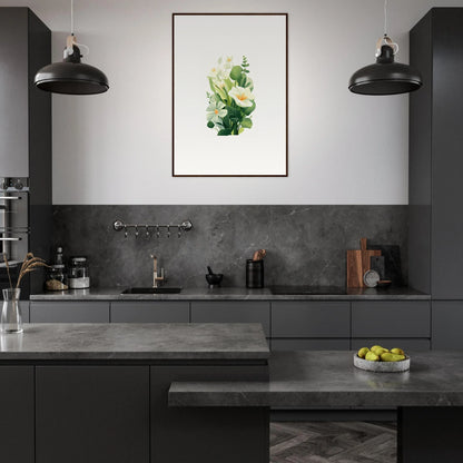 Modern kitchen with dark cabinetry and Garden Whispers canvas print for stylish room decoration