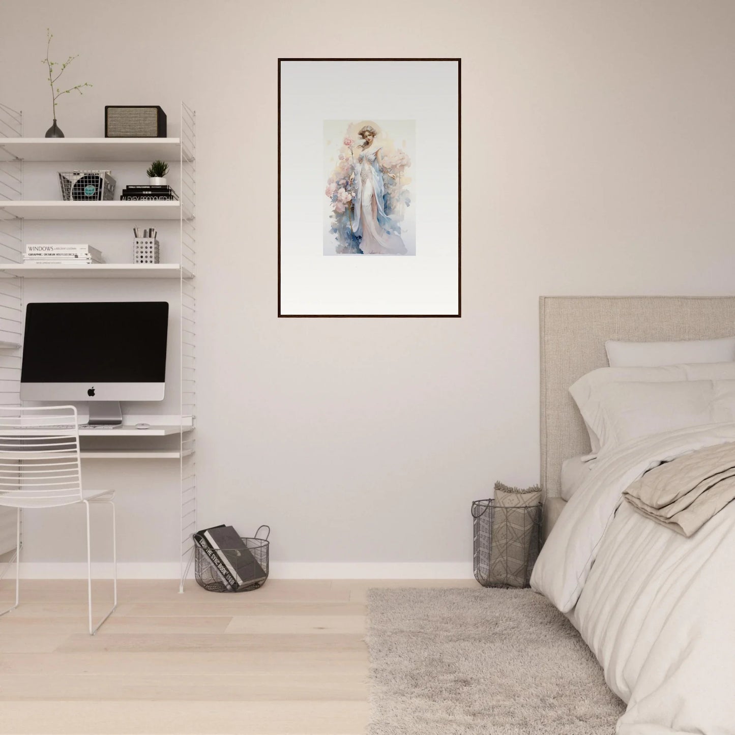 Framed canvas print of a figure in light blue, perfect for Blossom Serenade room decoration