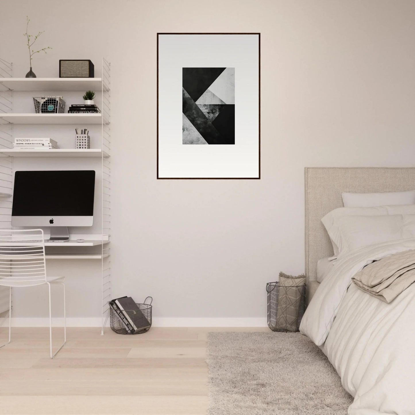 Minimalist bedroom with white walls and geometric wall art for stylish room decoration