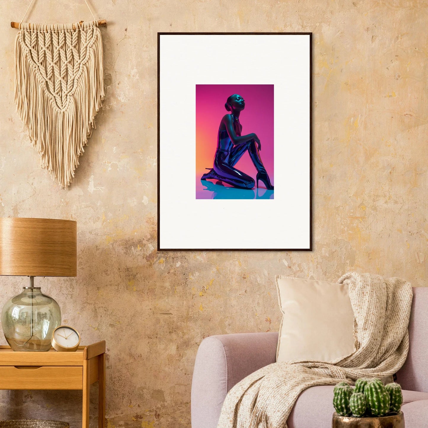 Framed canvas print of a silhouetted figure on a vibrant purple neon vortex background