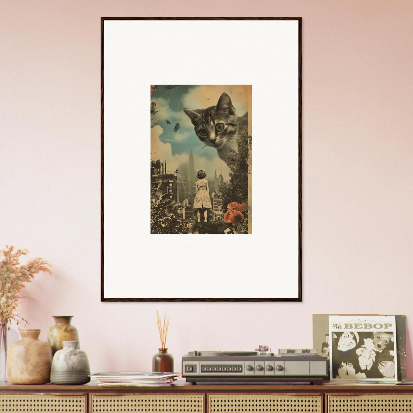 Surrealist canvas print of a giant cat overseeing a city, perfect for room decoration