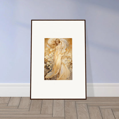 Framed canvas print of a female figure in floral harmony with soft golden hues for room decoration