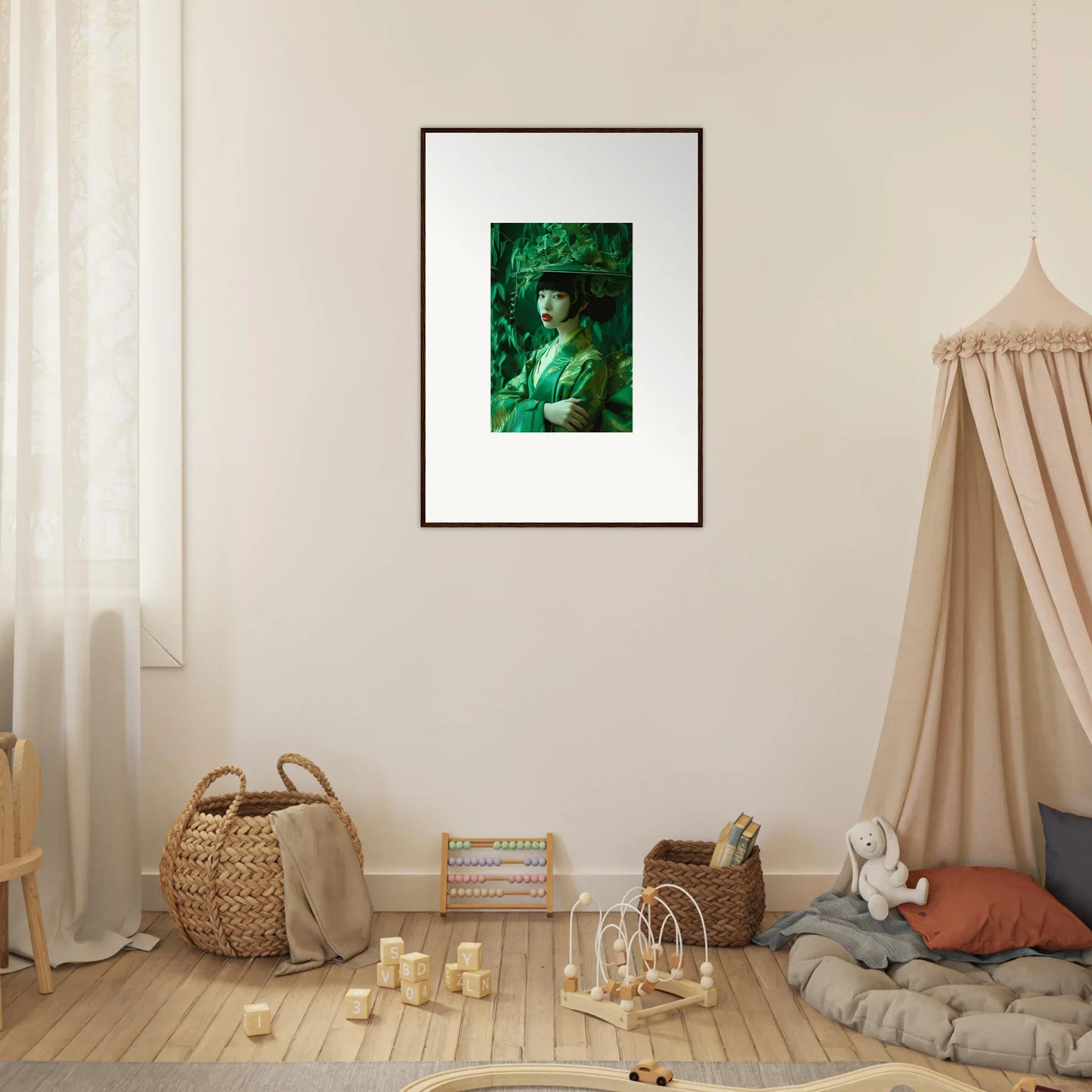 Framed portrait painting in green, perfect for room decoration and Flora’s Whispering Spectacle