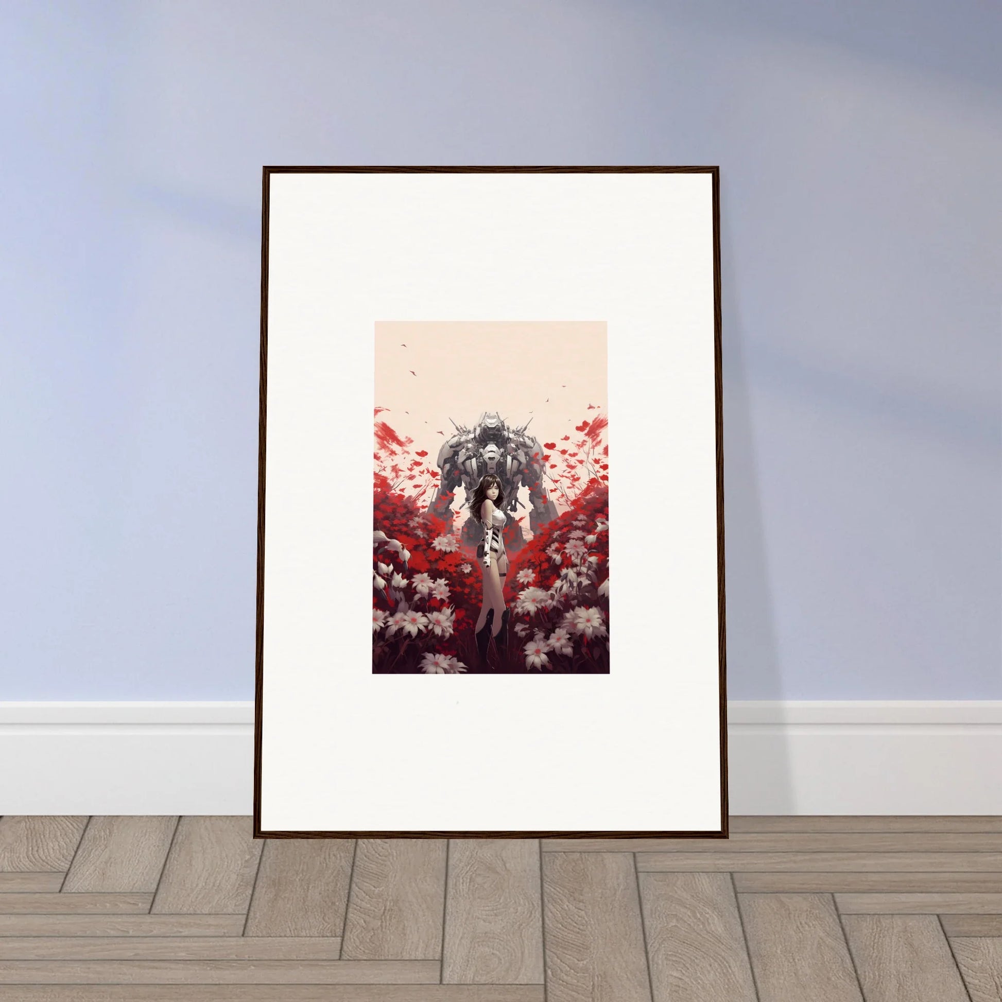 Framed canvas print of a robotic figure in flowers for trendy boundary whimsy room decoration