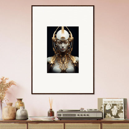 Framed canvas print of a futuristic golden Celestial Conductress for cool room decoration