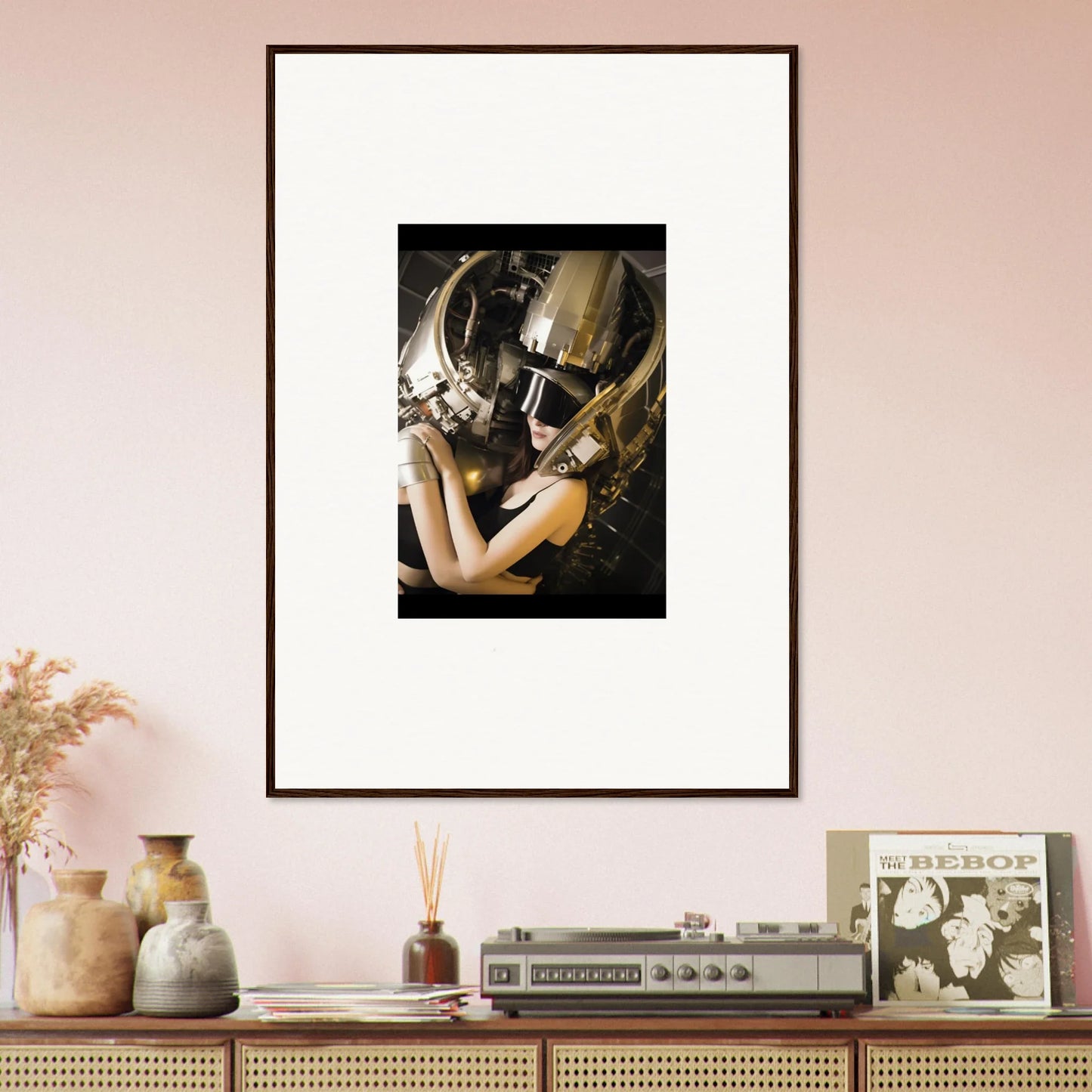 Framed wall art of a person in a metallic helmet, cool addition for room decoration