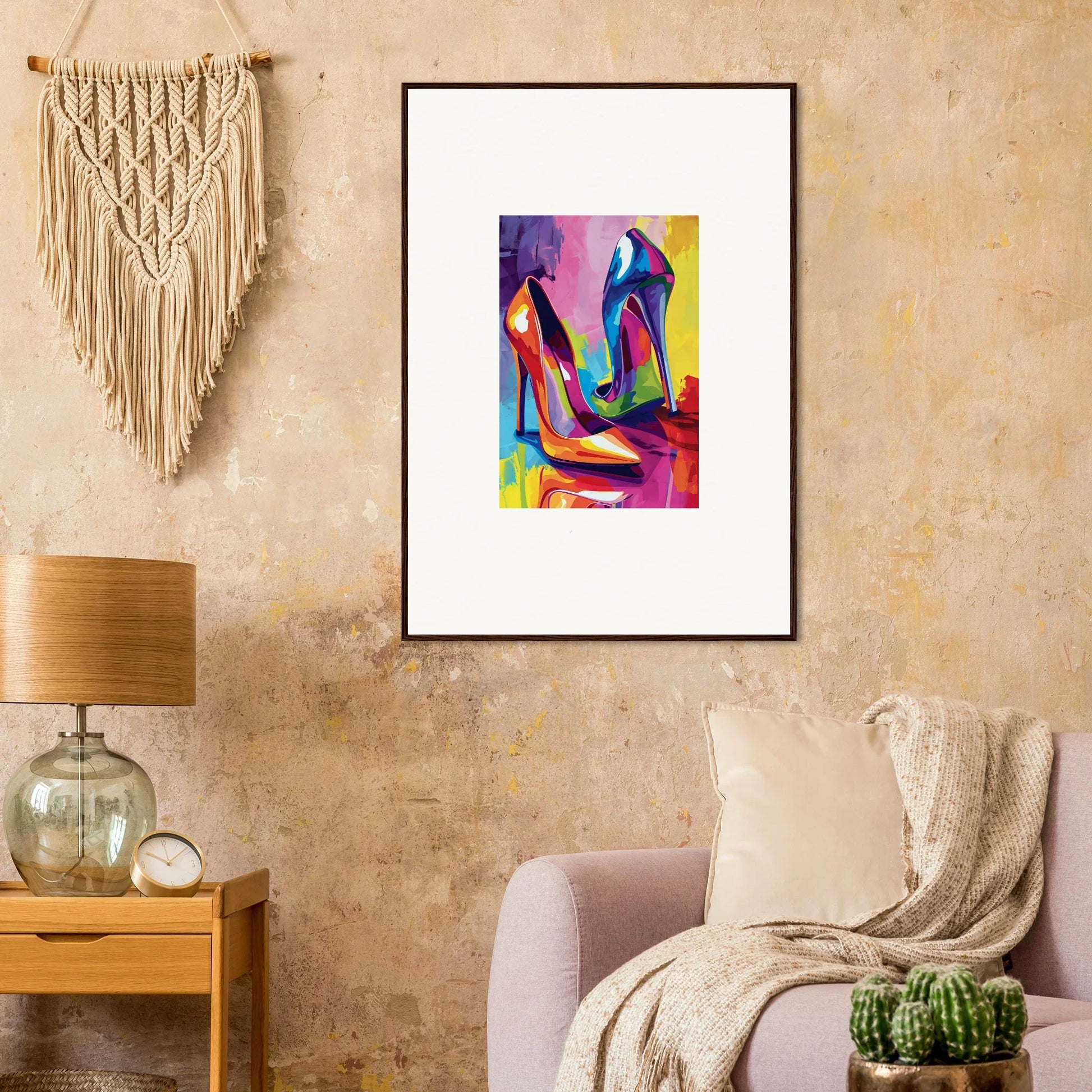 Colorful abstract canvas print of high-heeled shoes for trendy room decoration