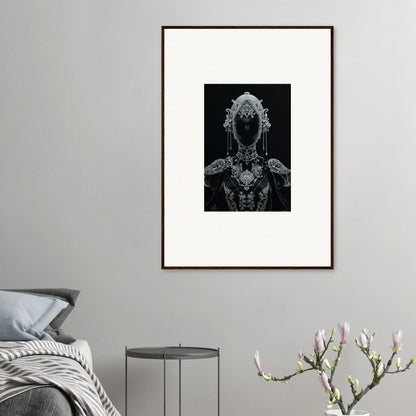 Framed black and white canvas print of an ornate skeletal figure for unique room decoration