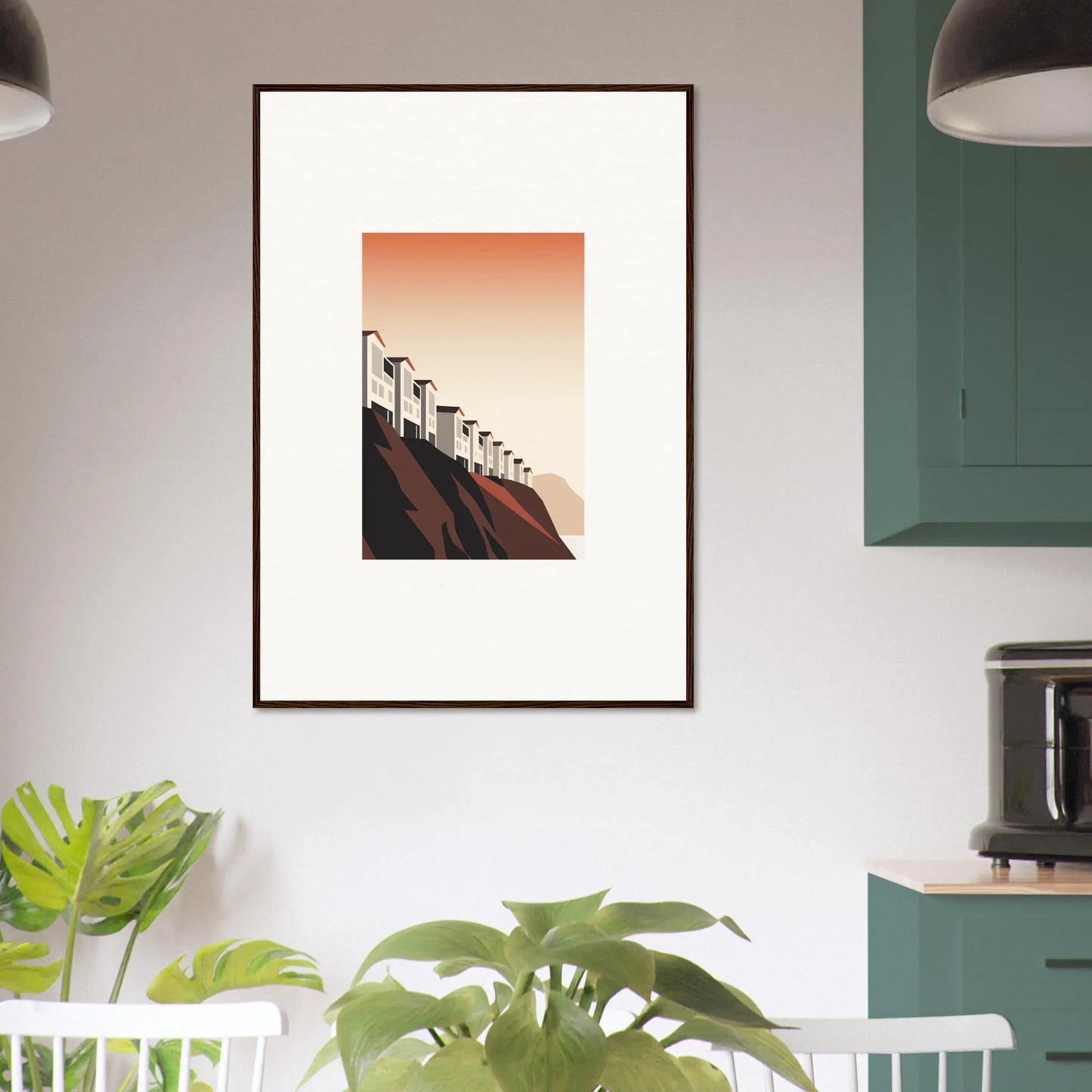 Framed wall art of stylized streetlamps at sunset perfect for cozy room decoration