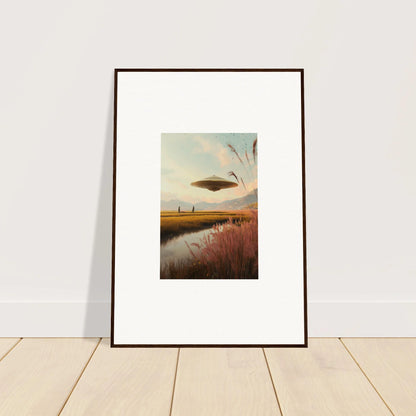 Framed wall art of Meadow Raindancers with a UFO over a rural landscape