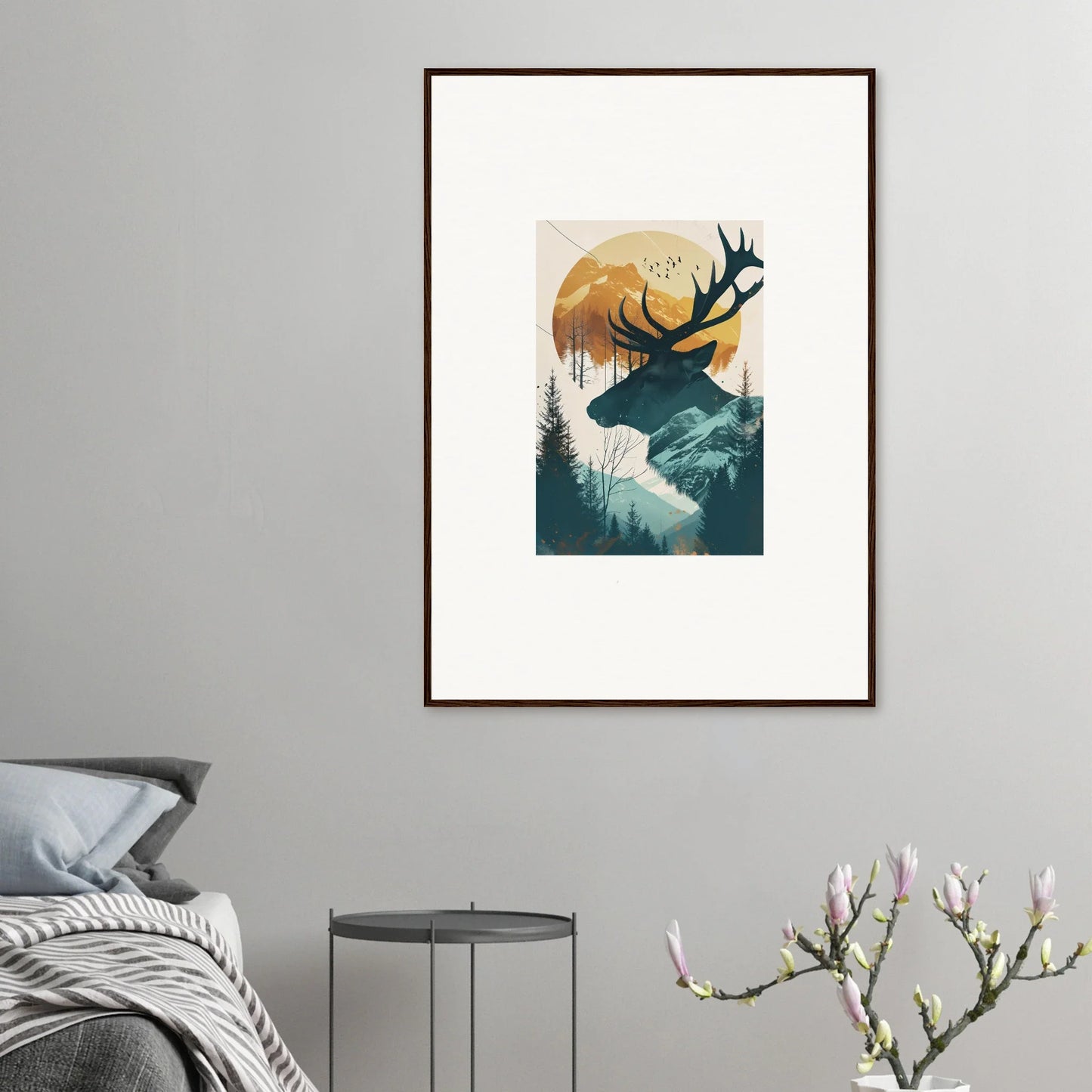 Framed canvas print of a deer panorama with a moonlit forest landscape