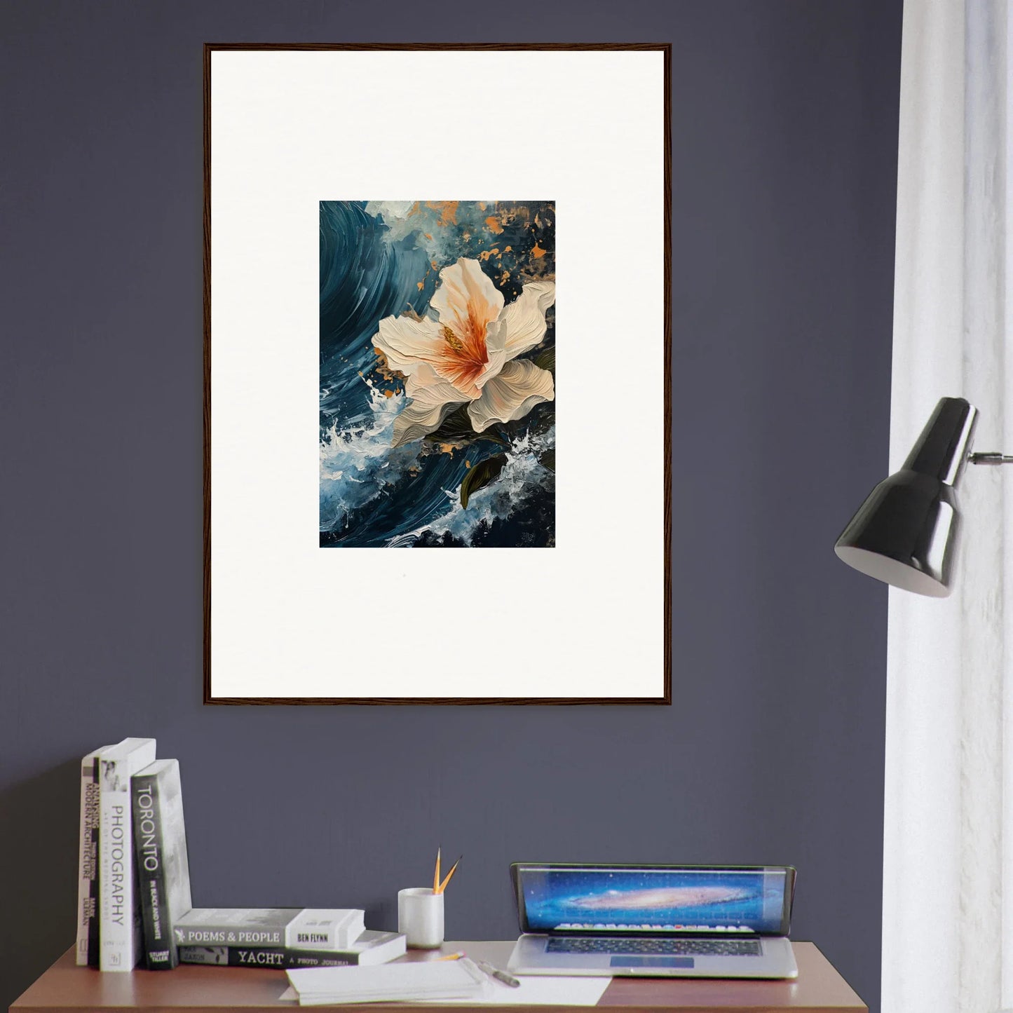 Framed canvas print of a peach flower perfect for room decoration with petal waves