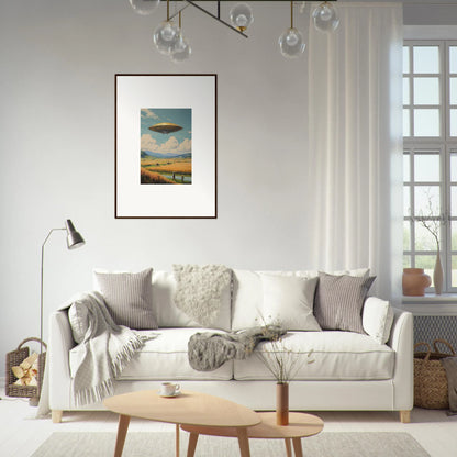 Cozy white sofa with gray and cream pillows perfect for room decoration or canvas print vibes