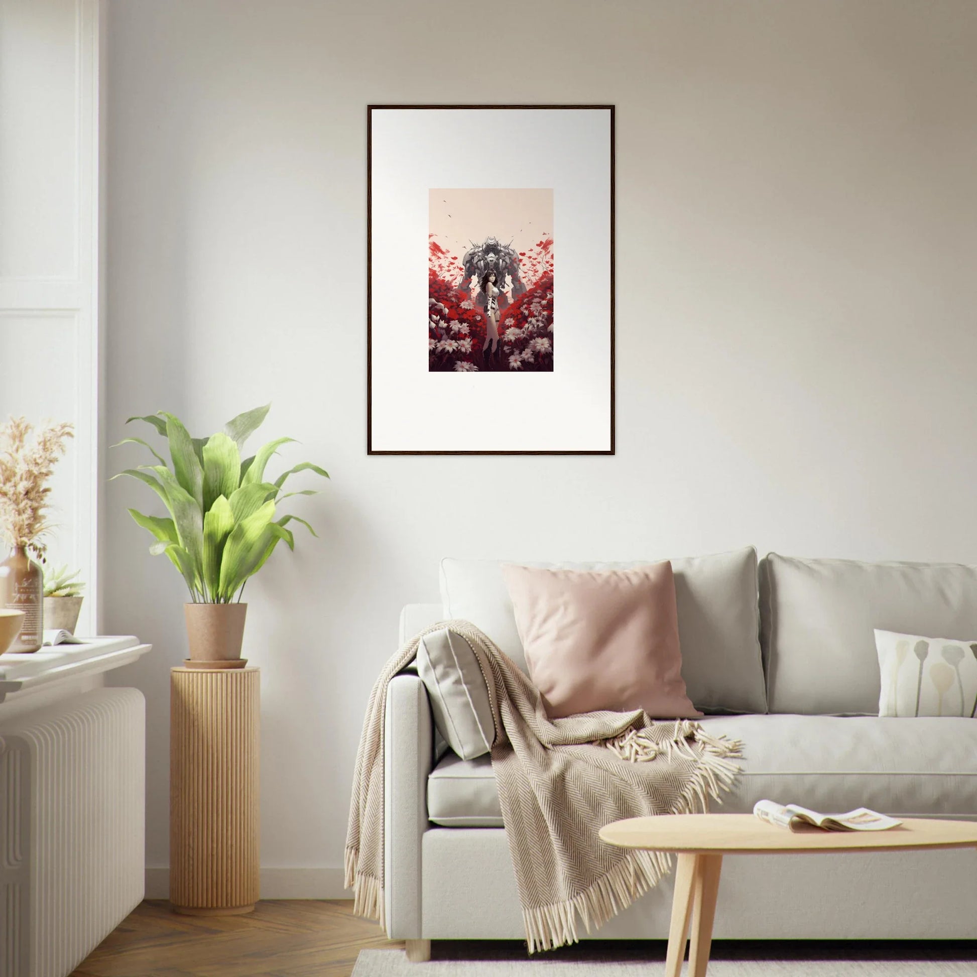 Framed canvas print of boundary whimsy figure in red foliage for stunning room decoration