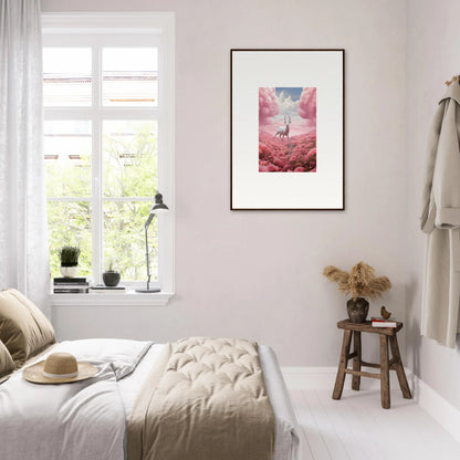 Framed canvas print of a figure in a pink, cloudy landscape for berry collision room decoration