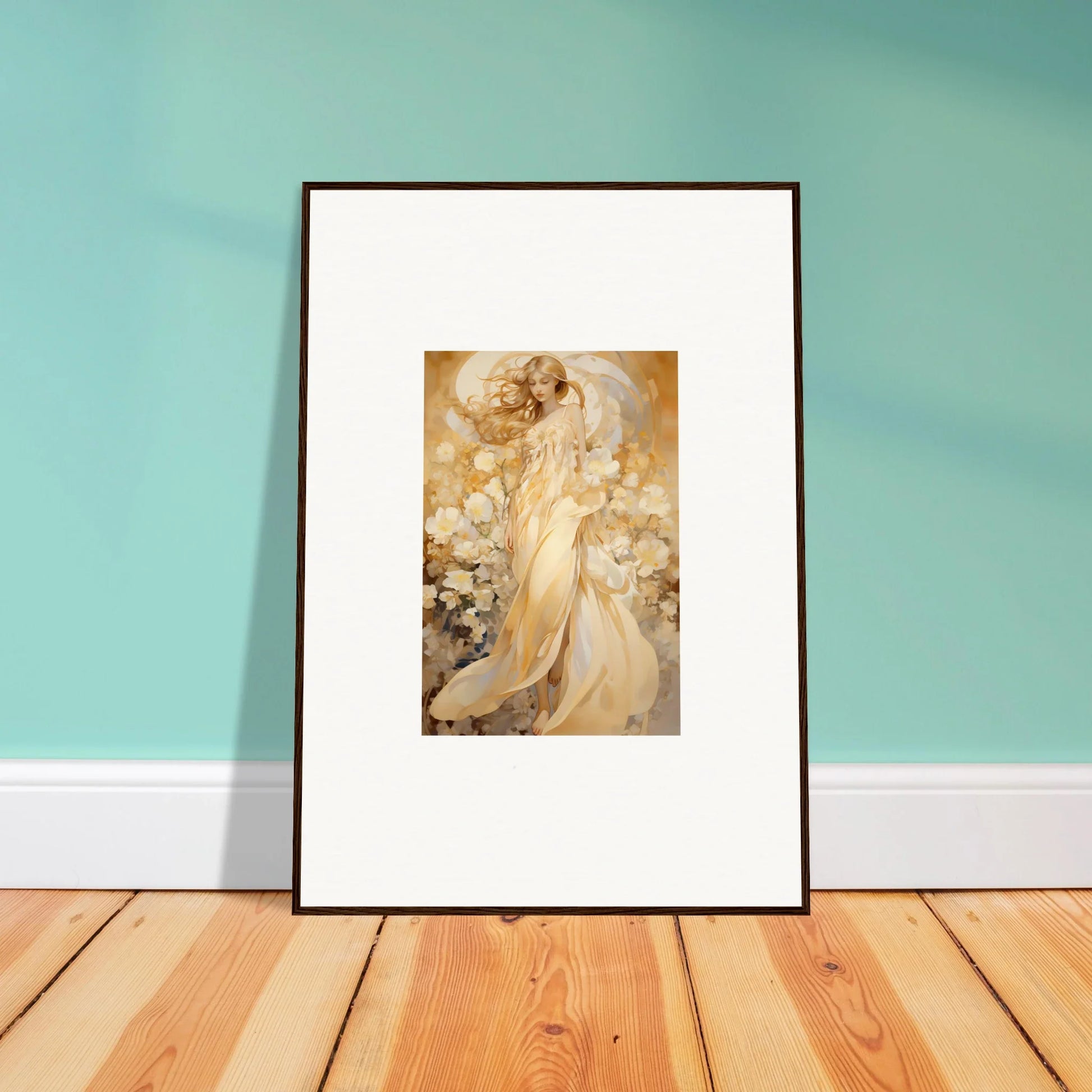 Framed canvas print of an ethereal female in golden hues for floral harmony room decoration